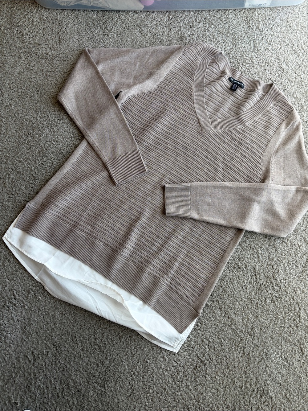 NWOT Hilary Radley Taupe V-Neck Sweater with Faux-Layered Hem